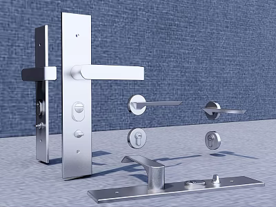 Various Stainless Steel Door Handles with Modern Design and Lock Components on Brick Wall Background 3d model