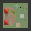 Cartoon Playground Scene With Red Roofs Green Slide Swings Climbing Wall Sandpit Fence And Bench