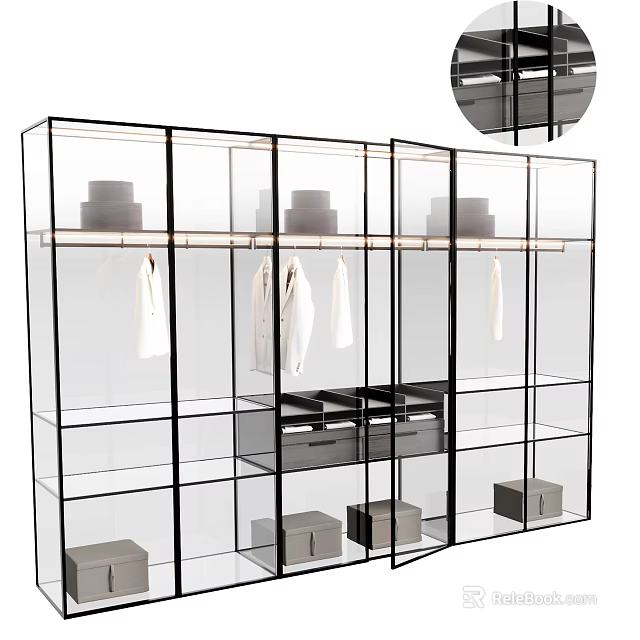 Modern Wardrobe Interior With Glass Doors Hanging White Clothes Storage Boxes And Shelves 3d model 