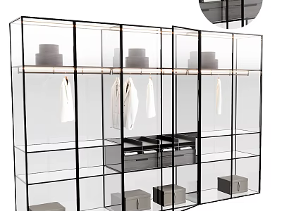 Modern Wardrobe Interior With Glass Doors Hanging White Clothes Storage Boxes And Shelves 3d model