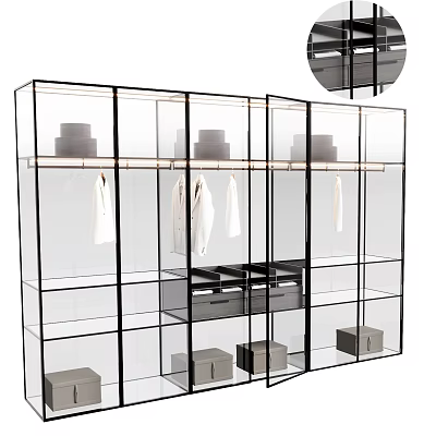 Modern Wardrobe Interior With Glass Doors Hanging White Clothes Storage Boxes And Shelves 3d model