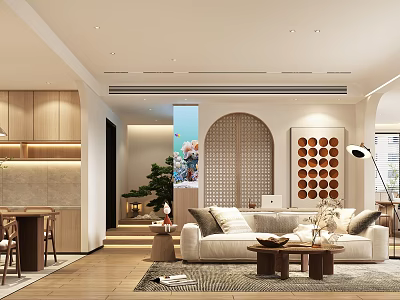 Modern Dining and Living Room Interior With Beige Sofa Wooden Coffee Table And Dining Set 3d model