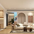 Modern Dining and Living Room Interior With Beige Sofa Wooden Coffee Table And Dining Set