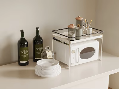 White Kitchen Appliance Microwave with Transparent Shelf Jars Utensils Wine Bottles and Plates on Countertop 3d model