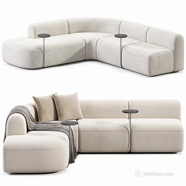 Beige L shaped Sectional Sofa With Soft Upholstery Pillows Throw Blanket And Side Tables 3d model 