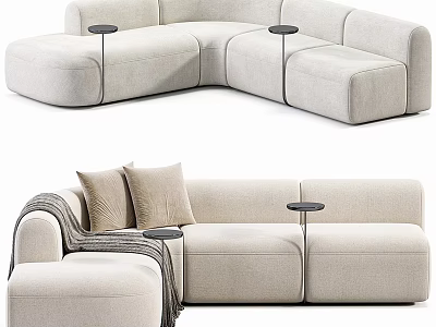 Beige L shaped Sectional Sofa With Soft Upholstery Pillows Throw Blanket And Side Tables 3d model
