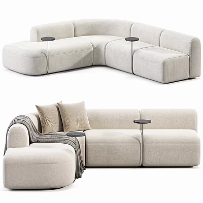 Beige L shaped Sectional Sofa With Soft Upholstery Pillows Throw Blanket And Side Tables 3d model