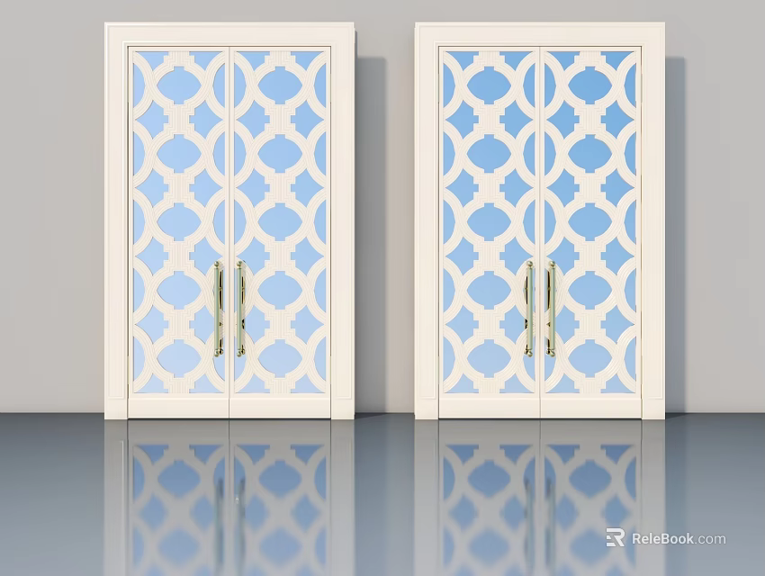 Decorative Swing Doors With Blue Geometric Patterns White Frames And Golden Handles 3d model 