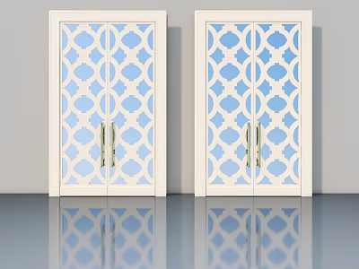 Decorative Swing Doors With Blue Geometric Patterns White Frames And Golden Handles 3d model