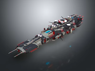 Futuristic Sci Fi Spaceship With Detailed Gray Red White Structure And Turrets 3d model