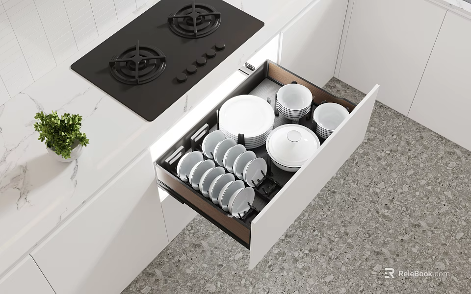 Modern Kitchen Interior With Open Drawer Neat Plates Bowls Black Gas Stove And White Cabinets 3d model 