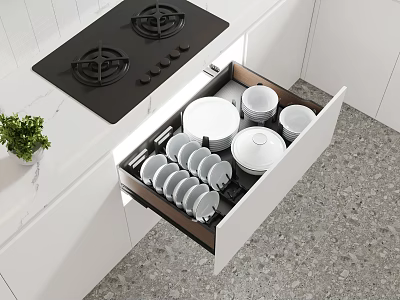Modern Kitchen Interior With Open Drawer Neat Plates Bowls Black Gas Stove And White Cabinets 3d model