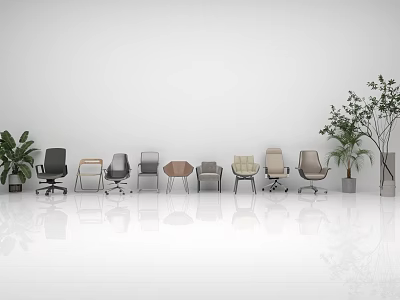 Multiple Styles Office Chairs Displayed on White Background with Green Plants 3d model Multiple Styles Office Chairs Displayed on White Background with Green Plants 3d model