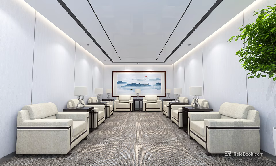 Modern Hotel Public Lounge With Beige Sofas Coffee Tables Wall Art And Patterned Carpet 3d model