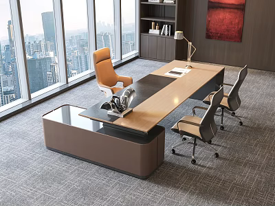 Modern Office Interior With Executive Desk And Ergonomic Chairs By Large Windows City View 3d model