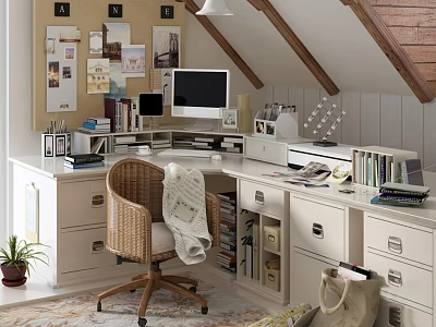 Cozy White L Shaped Corner Desk With Computer Monitor Wicker Chair And Wall 3d model