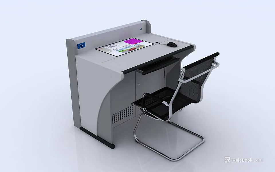 Modern Office Desk With Touchscreen Display And Black Metal Frame Chair 3d model 
