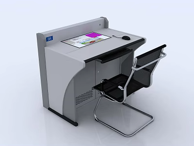 Modern Office Desk With Touchscreen Display And Black Metal Frame Chair 3d model