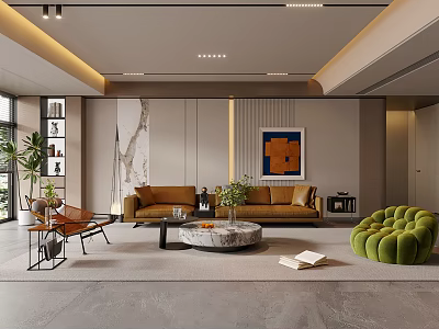 Modern Living Room Interior With Brown Sofa Round Coffee Table And Artwork 3d model