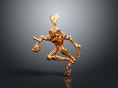 Golden Rabbit Robot Jumping On Skateboard Holding Lantern With Dynamic Pose 3d model