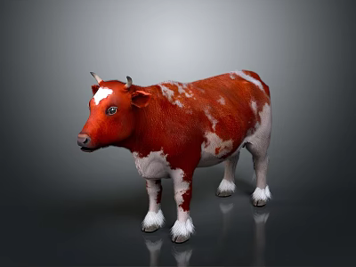 Red And White Cow With Horns Standing On Gray Background With Reflection 3d model