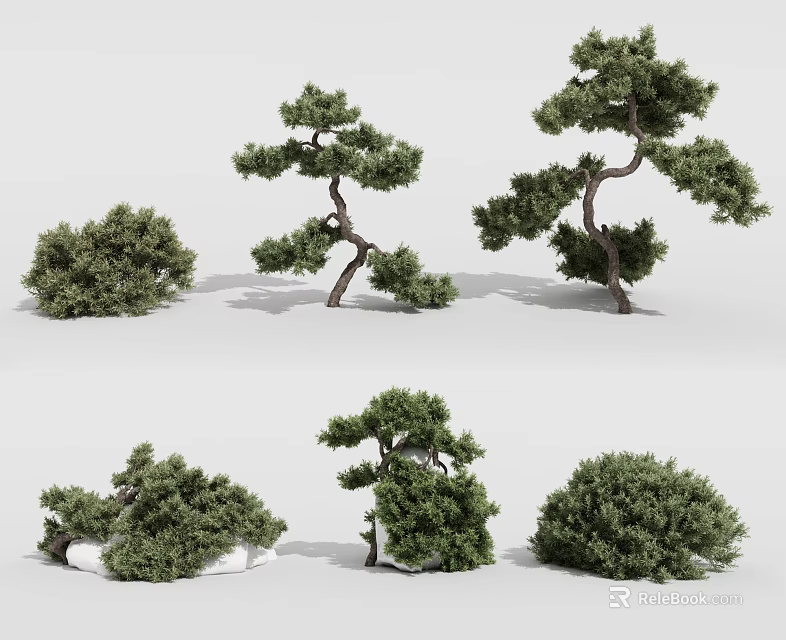 Various Shaped Garden Trees With Lush Foliage And Curved Branches 3d model 