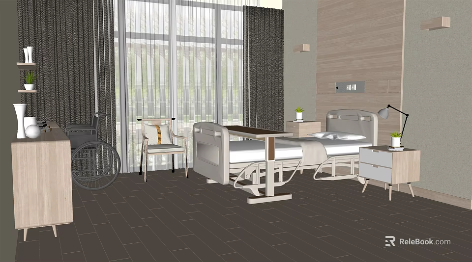 Modern Hospital Room Interior With Bed Wheelchair Chair And Window Curtains 3d model 