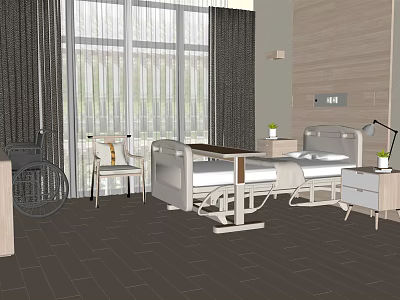 Modern Hospital Room Interior With Bed Wheelchair Chair And Window Curtains 3d model