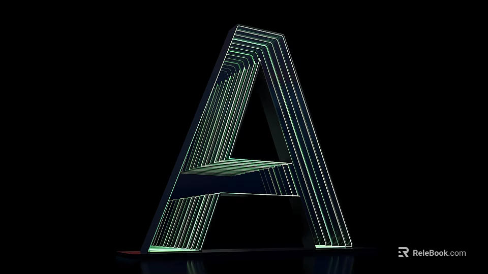 3D Letter A Design With Green Illuminated Lines On Black Background 3d model 