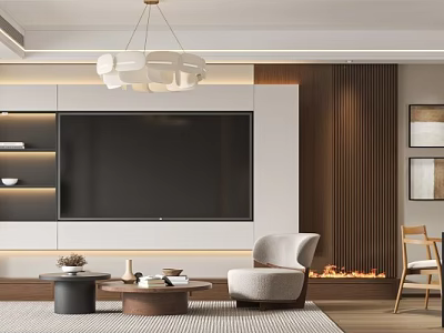 Modern Open Concept Living Dining Room Interior Featuring TV Wall Chandelier Sofa Coffee Table Fireplace 3d model