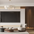 Modern Open Concept Living Dining Room Interior Featuring TV Wall Chandelier Sofa Coffee Table Fireplace