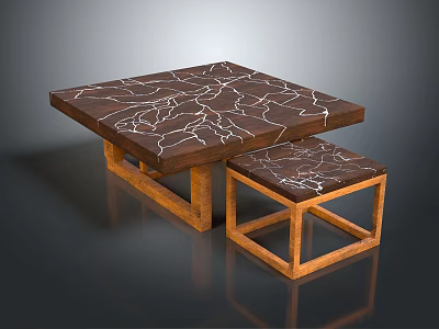 Square Brown Wooden Table With Marble Texture Top And Matching Stool For Modern Living Space 3d model