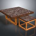 Square Brown Wooden Table With Marble Texture Top And Matching Stool For Modern Living Space