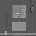 Modern Minimalist Bathroom Vanity With White Mirror Cabinet Toiletries And Floor Lamp