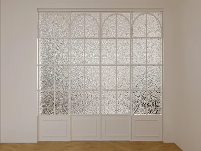 White Sliding Door With Arched Rectangular Frosted Glass Panes On White Wall And Wooden Floor 3d model