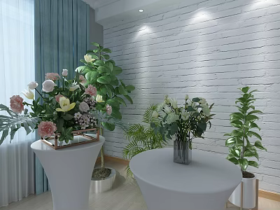 Indoor Flower And Plant Arrangement With White Brick Wall Blue Curtains And Tables 3d model
