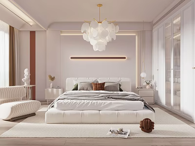 Modern Bedroom Interior With White Bed Pillows White Chandelier And Beige Curtains 3d model