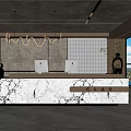 Modern Reception Desk Design With Marble Countertop Pendant Lighting And Wooden Accents