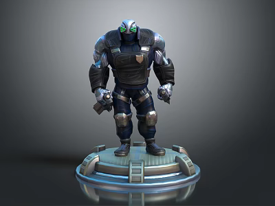 Armored Sci Fi Character With Green Eyes Standing On Circular Pedestal In Black Armor 3d model