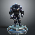 Armored Sci Fi Character With Green Eyes Standing On Circular Pedestal In Black Armor