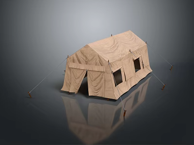 Beige Camping Tent With Multiple Windows On Smooth Surface And Reflection 3d model
