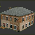 Vintage Red Brick Building Exterior With Gray Roof Red Door Multiple Windows And Chimney