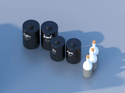 Black Cylindrical Daily Essentials Containers Labeled Coffee Sugar Tea And White Bottles With Brown Caps 3d model