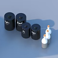 Black Cylindrical Daily Essentials Containers Labeled Coffee Sugar Tea And White Bottles With Brown Caps