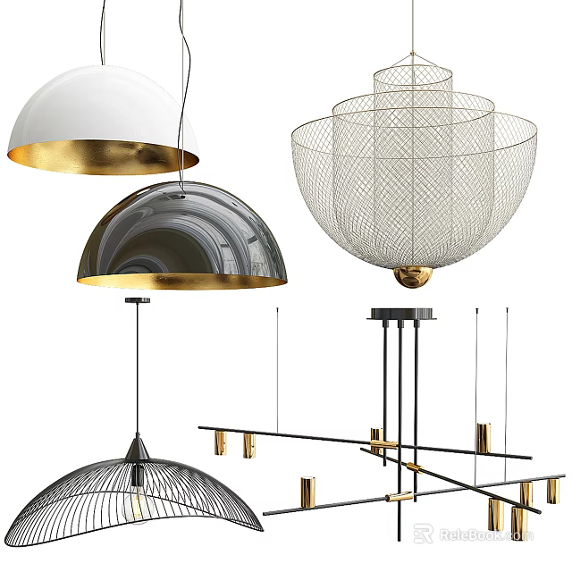 Stylish Modern Pendant Lights With White Gold Trim Wire Mesh Shade And Geometric Design 3d model 