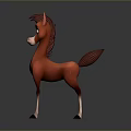 Red Cartoon Pony Standing with Brown Mane Tail White Face Legs on Gray Background Reflection