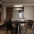 Modern Restaurant Interior With Black Dining Table Chairs Round Pendant Light And Bar Counter