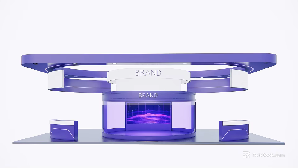 Purple Exhibition Booth With Modern Curved Structure Brand Signage And Display Screens 3d model 