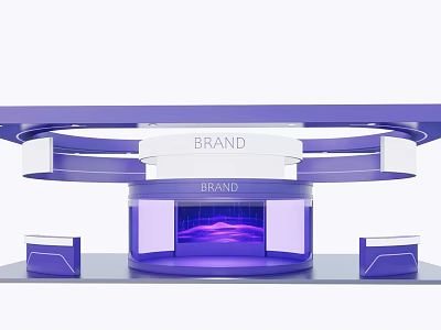 Purple Exhibition Booth With Modern Curved Structure Brand Signage And Display Screens 3d model