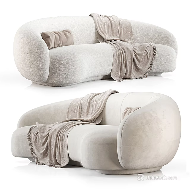 Modern Cream Sectional Sofa With Soft Textured Fabric Curved Design Throw Blanket And Accent Pillows 3d model 